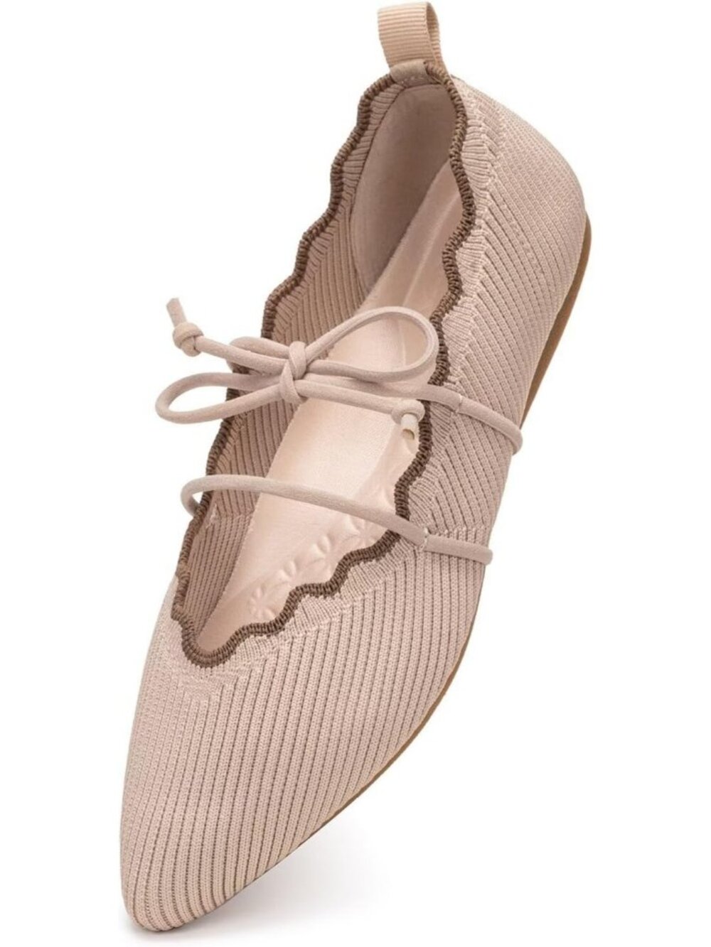Women's Cream Rubber Knitted Slip On Pointed Toe with Ruffled Vamp Elastic Flats - Picture 4 of 7